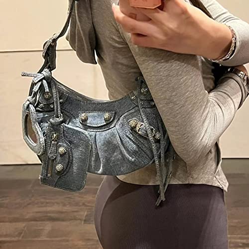 Cross Body Bag Purses for Women Shoulder Bag in Blue Denim With Rhinestons Fashion Rivet Punk Bag