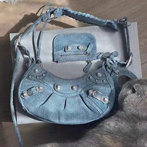 Cross Body Bag Purses for Women Shoulder Bag in Blue Denim With Rhinestons Fashion Rivet Punk Bag