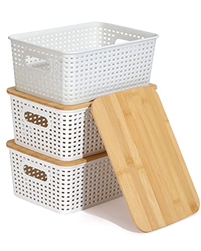 EOENVIVS Plastic Storage Baskets With Bamboo Lid Pantry Organization and Storage Containers Lidded Organizer Bins Small Baskets for Shelves Drawers Desktop Closet Playroom Classroom Office, 3 Pack