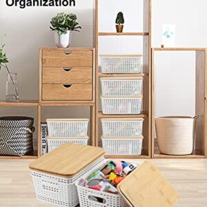 EOENVIVS Plastic Storage Baskets With Bamboo Lid Pantry Organization and Storage Containers Lidded Organizer Bins Small Baskets for Shelves Drawers Desktop Closet Playroom Classroom Office, 3 Pack