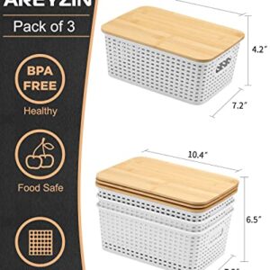 EOENVIVS Plastic Storage Baskets With Bamboo Lid Pantry Organization and Storage Containers Lidded Organizer Bins Small Baskets for Shelves Drawers Desktop Closet Playroom Classroom Office, 3 Pack