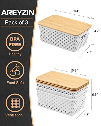 EOENVIVS Plastic Storage Baskets With Bamboo Lid Pantry Organization and Storage Containers Lidded Organizer Bins Small Baskets for Shelves Drawers Desktop Closet Playroom Classroom Office, 3 Pack