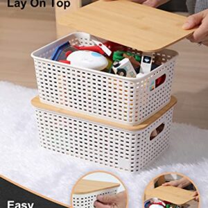 EOENVIVS Plastic Storage Baskets With Bamboo Lid Pantry Organization and Storage Containers Lidded Organizer Bins Small Baskets for Shelves Drawers Desktop Closet Playroom Classroom Office, 3 Pack