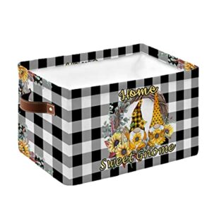 Retro Buffalo Black White Check Sweet Farm Home Gnomes Couple Polka Dot Sunflower Cube Storage Organizer Bins with Handles,15x11x9.5 Inch Collapsible Canvas Cloth Fabric Storage Basket Books Boxes