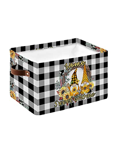 Retro Buffalo Black White Check Sweet Farm Home Gnomes Couple Polka Dot Sunflower Cube Storage Organizer Bins with Handles,15x11x9.5 Inch Collapsible Canvas Cloth Fabric Storage Basket Books Boxes