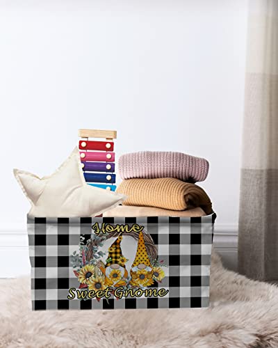 Retro Buffalo Black White Check Sweet Farm Home Gnomes Couple Polka Dot Sunflower Cube Storage Organizer Bins with Handles,15x11x9.5 Inch Collapsible Canvas Cloth Fabric Storage Basket Books Boxes