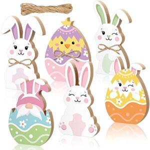 6 pcs easter bunny table wooden signs centerpieces easter spring tiered tray decorations rabbit bunny shape tabletop decor with 3 meter jute rope for farmhouse home office (bunny, egg)