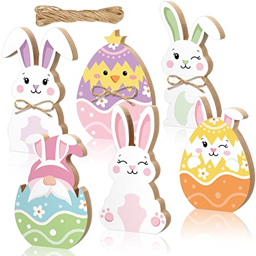 6 Pcs Easter Bunny Table Wooden Signs Centerpieces Easter Spring Tiered Tray Decorations Rabbit Bunny Shape Tabletop Decor with 3 Meter Jute Rope for Farmhouse Home Office (Bunny, Egg)