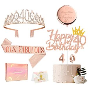 gogoparty 40th birthday gifts for women, rose gold 40th birthday decorations including 40th birthday crown, sash, cake topper, candle, compact mirror, birthday card, 40th birthday gift set for women