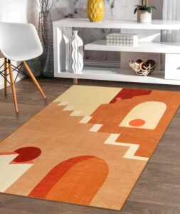 lahome abstract low pile kids room area rug – orange minimalist 3×5 playroom rug, modern building soft non-slip non-shedding mat machine washable carpet for entryway nursery office living room bedroom
