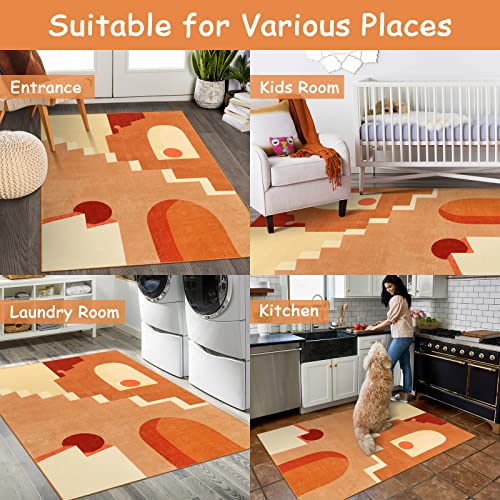 Lahome Abstract Low Pile Kids Room Area Rug - Orange Minimalist 3x5 Playroom Rug, Modern Building Soft Non-Slip Non-Shedding Mat Machine Washable Carpet for Entryway Nursery Office Living Room Bedroom