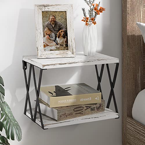 Sapowerntus Floating Nightstand Shelves Wall Mounted, 2 Tier Bedside Table for Bedroom, Rustic White Wood Basket Box Shelf with X Mental Bracket, Small Storage Decor in Bathroom Living Room