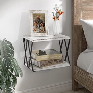 Sapowerntus Floating Nightstand Shelves Wall Mounted, 2 Tier Bedside Table for Bedroom, Rustic White Wood Basket Box Shelf with X Mental Bracket, Small Storage Decor in Bathroom Living Room