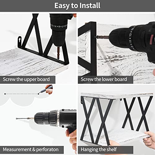Sapowerntus Floating Nightstand Shelves Wall Mounted, 2 Tier Bedside Table for Bedroom, Rustic White Wood Basket Box Shelf with X Mental Bracket, Small Storage Decor in Bathroom Living Room
