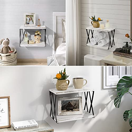 Sapowerntus Floating Nightstand Shelves Wall Mounted, 2 Tier Bedside Table for Bedroom, Rustic White Wood Basket Box Shelf with X Mental Bracket, Small Storage Decor in Bathroom Living Room