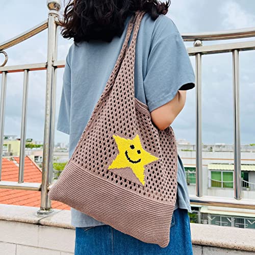 Fairycore Hobo Bag Y2K Fairy Grunge Star Crochet Tote Bag Aesthetic Indie Shoulder Handbags Grunge Mesh Purse Accessory (Beige)