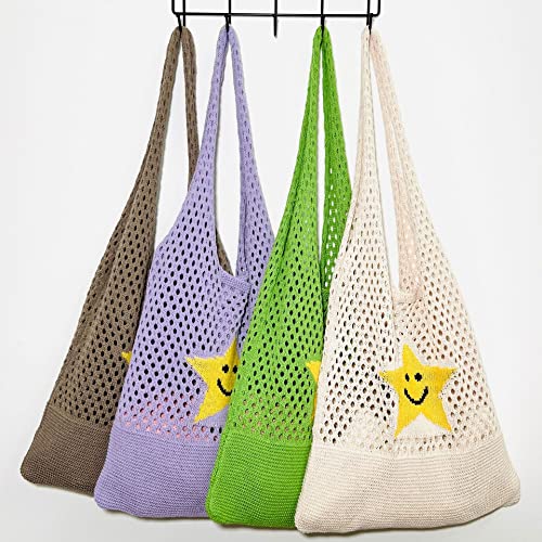 Fairycore Hobo Bag Y2K Fairy Grunge Star Crochet Tote Bag Aesthetic Indie Shoulder Handbags Grunge Mesh Purse Accessory (Beige)