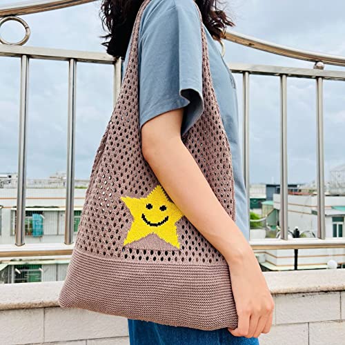 Fairycore Hobo Bag Y2K Fairy Grunge Star Crochet Tote Bag Aesthetic Indie Shoulder Handbags Grunge Mesh Purse Accessory (Beige)