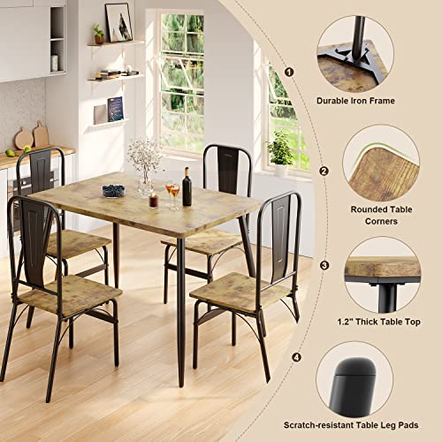 Gizoon 5-Piece Kitchen Table and Chairs for 4 with 1.2" Thick Board, 46" Home Dining Table Set for 4 for Small Space, Apt, Heavy-Duty, Retro