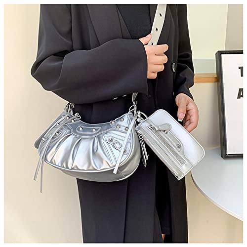 Women Rivet Satchels Handbags Punk Style Motorcycle CrossBody Bags Half Moon Underarm Bags with Coin Purse Hobo Bags (Black)