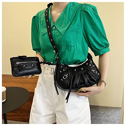 Women Rivet Satchels Handbags Punk Style Motorcycle CrossBody Bags Half Moon Underarm Bags with Coin Purse Hobo Bags (Black)