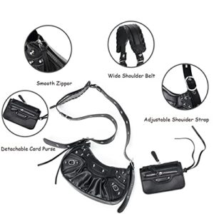 Women Rivet Satchels Handbags Punk Style Motorcycle CrossBody Bags Half Moon Underarm Bags with Coin Purse Hobo Bags (Black)