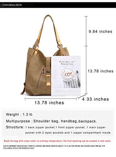 Eamom Tote Bag for Women Aesthetic Convertible Backpack Canvas Shoulder Bag School Tote Bag (Khaki)