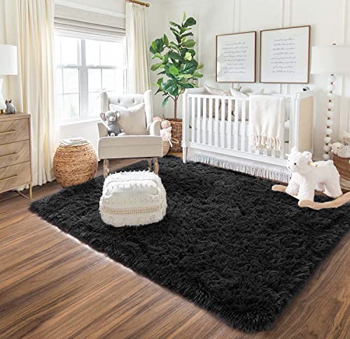 NFECO Black Soft Area Rugs for Bedroom,5x8 Feet Shag Rug,Fluffy Carpet for Living Room Decor,Shaggy Area Rug for Kids Baby Nursery Room, Plush Fuzzy Rug for Girls Boys Dorm Room, Anti-Slip