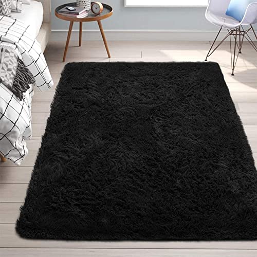 NFECO Black Soft Area Rugs for Bedroom,5x8 Feet Shag Rug,Fluffy Carpet for Living Room Decor,Shaggy Area Rug for Kids Baby Nursery Room, Plush Fuzzy Rug for Girls Boys Dorm Room, Anti-Slip