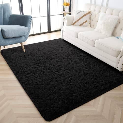 NFECO Black Soft Area Rugs for Bedroom,5x8 Feet Shag Rug,Fluffy Carpet for Living Room Decor,Shaggy Area Rug for Kids Baby Nursery Room, Plush Fuzzy Rug for Girls Boys Dorm Room, Anti-Slip