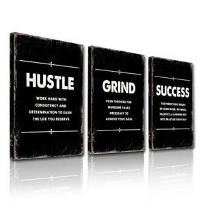 framed canvas inspirational quotes wall art, hustle grind success wall art set, black large poster, motivational posters for office, for home office workplace, (12″x16″, set of 3, frame)