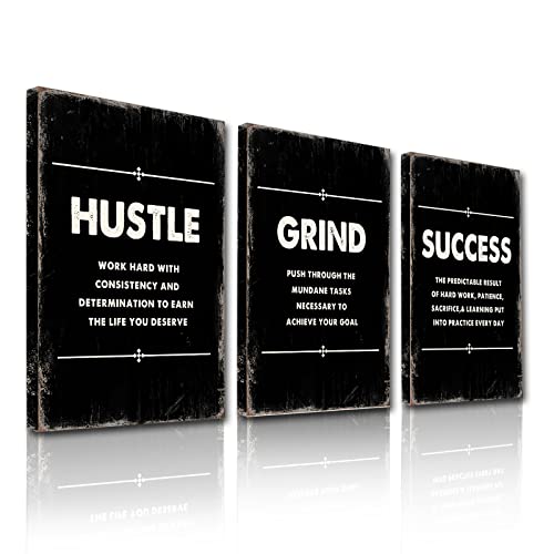 Framed Canvas Inspirational Quotes Wall Art, Hustle Grind Success Wall Art Set, Black Large Poster, Motivational Posters for Office, for Home Office Workplace, (12"X16", Set of 3, Frame)