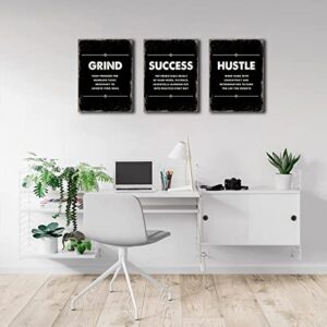 Framed Canvas Inspirational Quotes Wall Art, Hustle Grind Success Wall Art Set, Black Large Poster, Motivational Posters for Office, for Home Office Workplace, (12"X16", Set of 3, Frame)