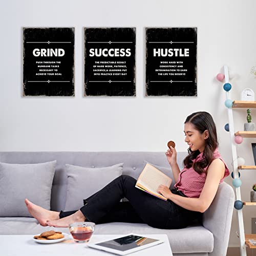 Framed Canvas Inspirational Quotes Wall Art, Hustle Grind Success Wall Art Set, Black Large Poster, Motivational Posters for Office, for Home Office Workplace, (12"X16", Set of 3, Frame)