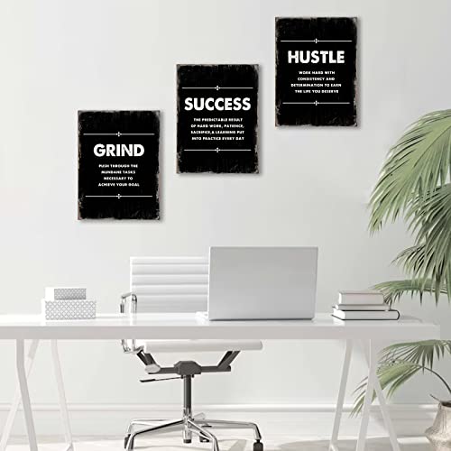 Framed Canvas Inspirational Quotes Wall Art, Hustle Grind Success Wall Art Set, Black Large Poster, Motivational Posters for Office, for Home Office Workplace, (12"X16", Set of 3, Frame)