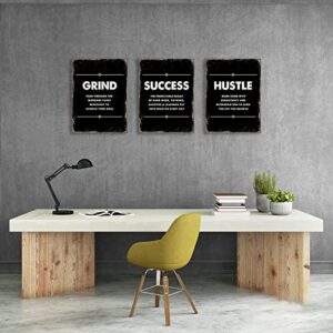 Framed Canvas Inspirational Quotes Wall Art, Hustle Grind Success Wall Art Set, Black Large Poster, Motivational Posters for Office, for Home Office Workplace, (12"X16", Set of 3, Frame)