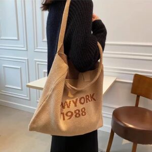 Grunge Knitted Tote Bag Y2K Fairycore Letter Shoulder Bag Aesthetic Hobo Bag Indie Crossbody Bag Alt Purse Accessories (Beige)