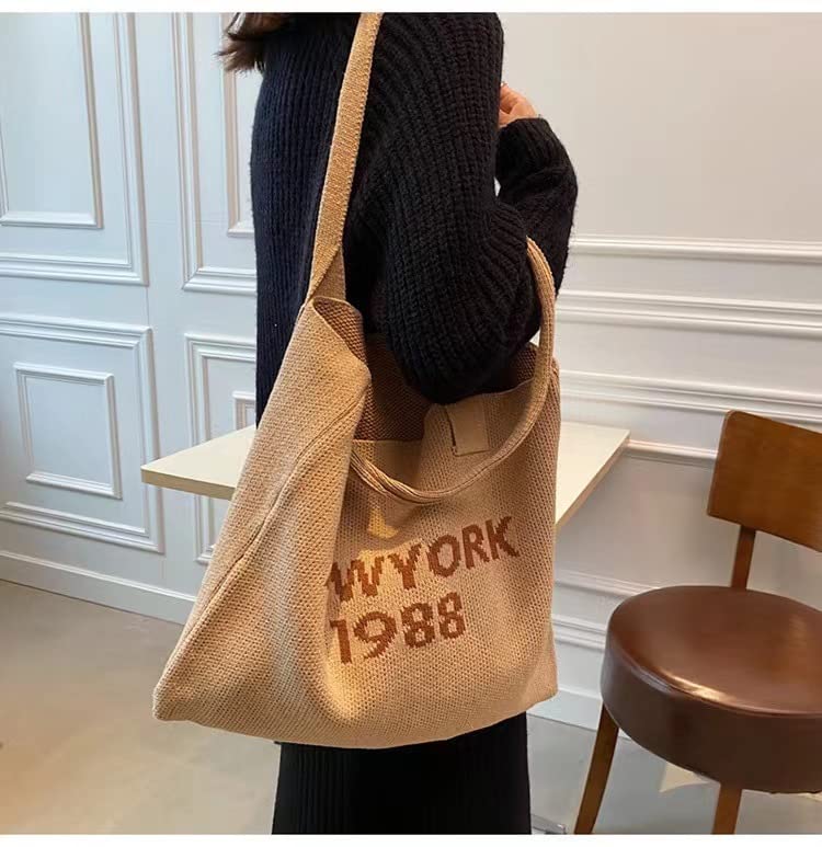 Grunge Knitted Tote Bag Y2K Fairycore Letter Shoulder Bag Aesthetic Hobo Bag Indie Crossbody Bag Alt Purse Accessories (Beige)