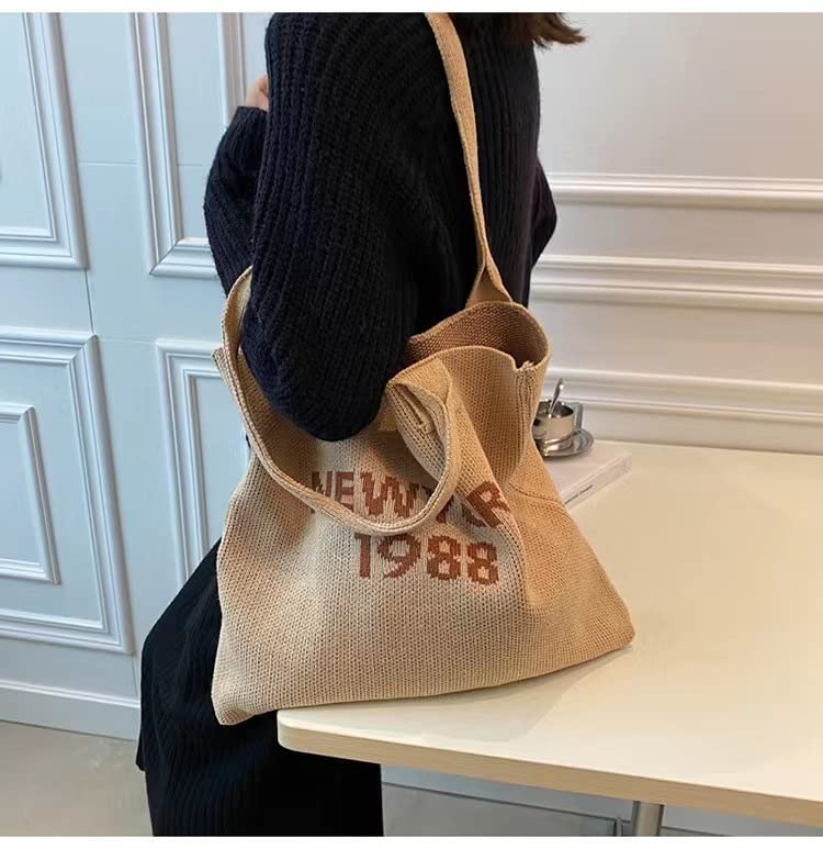 Grunge Knitted Tote Bag Y2K Fairycore Letter Shoulder Bag Aesthetic Hobo Bag Indie Crossbody Bag Alt Purse Accessories (Beige)