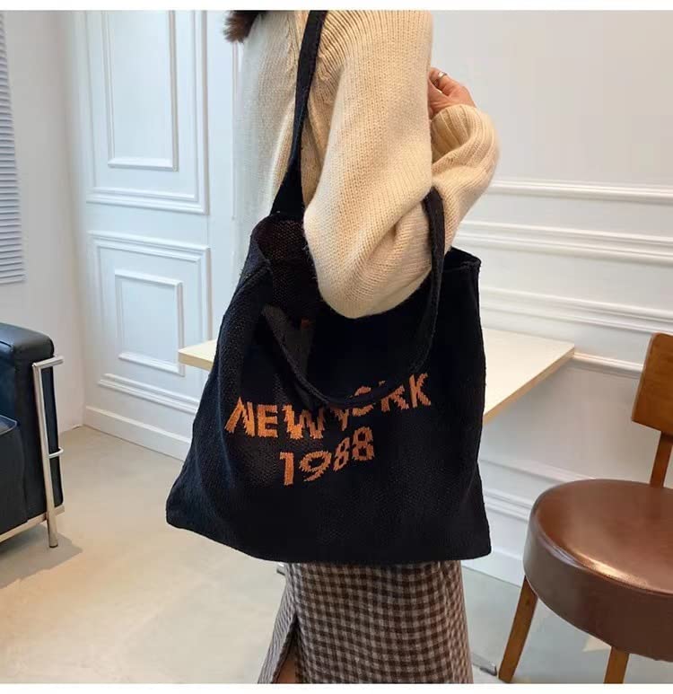 Grunge Knitted Tote Bag Y2K Fairycore Letter Shoulder Bag Aesthetic Hobo Bag Indie Crossbody Bag Alt Purse Accessories (Beige)