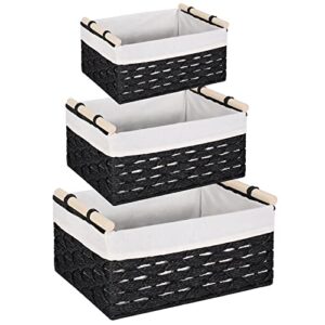 vagusicc wicker baskets for shelves, hand-woven round paper rope wicker storage basket with cotton liner and wooden handles, woven storage basket for organizing & decor, black, 3-pack