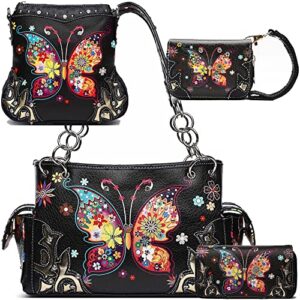 colorful butterfly flower western purse country handbag women shoulder bag crossbody wallet 4 piece set black