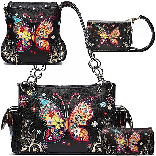 Colorful Butterfly Flower Western Purse Country Handbag Women Shoulder Bag Crossbody Wallet 4 Piece Set Black