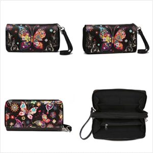 Colorful Butterfly Flower Western Purse Country Handbag Women Shoulder Bag Crossbody Wallet 4 Piece Set Black