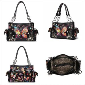 Colorful Butterfly Flower Western Purse Country Handbag Women Shoulder Bag Crossbody Wallet 4 Piece Set Black