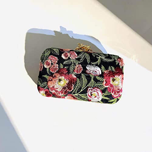 7.8'' Evening Clutch Bag with Removable Chain and Hand Hoop Vintage Handmade Embroidery Floral Handbag Purse for Women