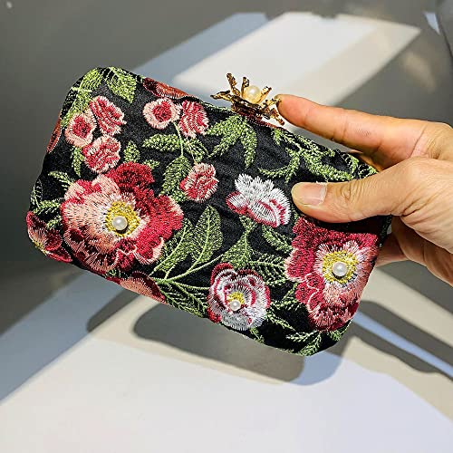 7.8'' Evening Clutch Bag with Removable Chain and Hand Hoop Vintage Handmade Embroidery Floral Handbag Purse for Women