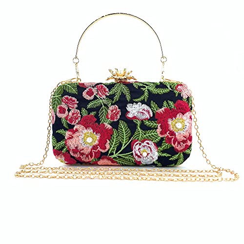 7.8'' Evening Clutch Bag with Removable Chain and Hand Hoop Vintage Handmade Embroidery Floral Handbag Purse for Women