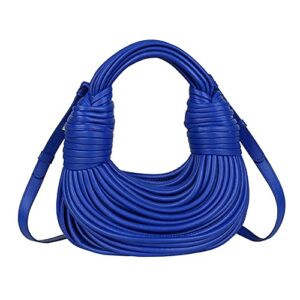knotted woven tote bag handbag for women hand woven bread messenger bag soft leather top handle handbag shoulder bag (blue)