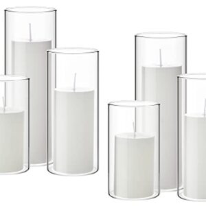 Set of 6 White Pillar Candles and 6 Glass Cylinder Vases Clear Cylinder Candle Holders for Slim Pillar Candles Wedding Centerpieces